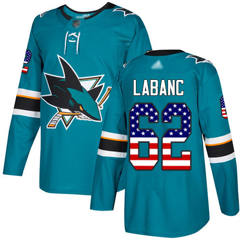 Adidas Sharks #62 Kevin Labanc Teal Home Authentic USA Flag Stitched Youth NHL Jersey