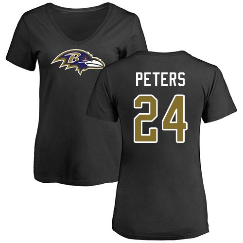Marcus Peters Women's Black Jersey: #24 Football Name & Number Logo Baltimore Ravens T-Shirt