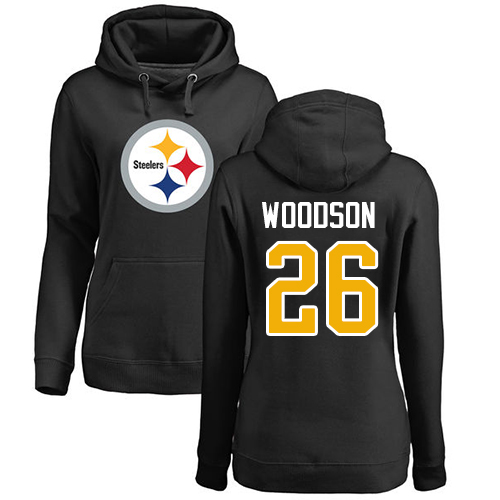 Football Women's Pittsburgh Steelers #26 Rod Woodson Black Name & Number Logo Pullover Hoodie